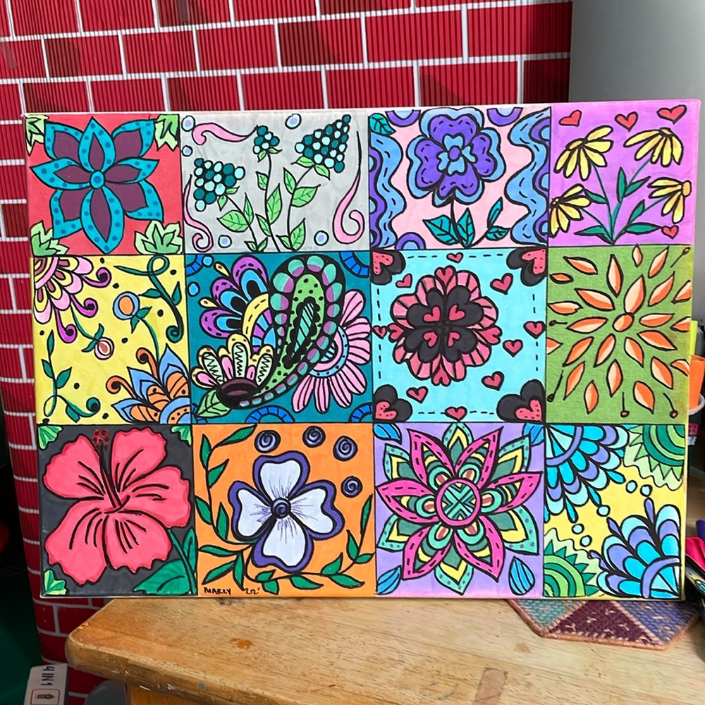 Squares of Flowers 💐 acrylic pen art canvas 12x16 💕